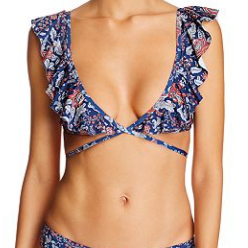 Verde Limon Abilane Blue Floral Wrap Bikini Top XS